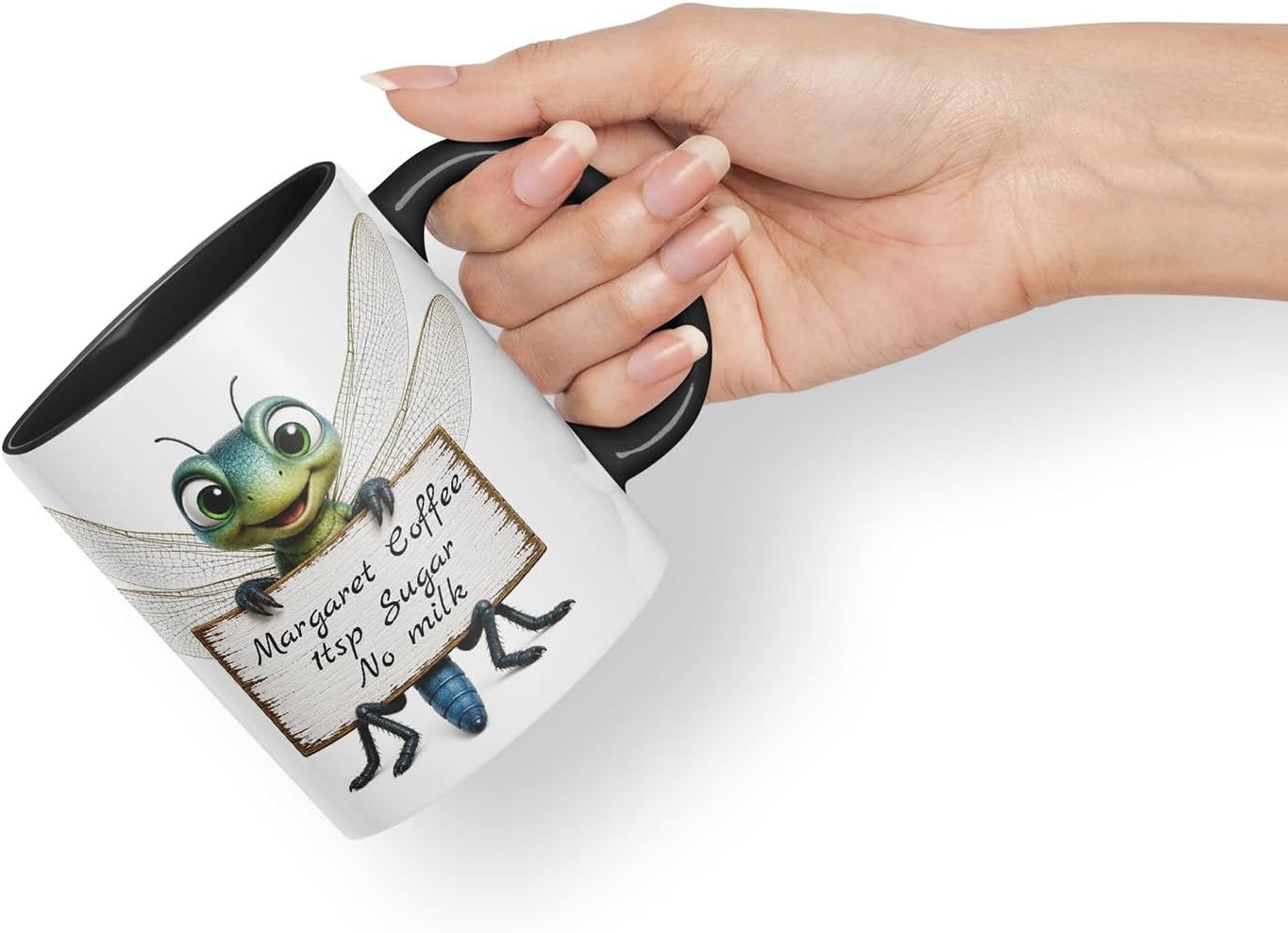 Vixar Personalised Dragonfly Mug with Name or Custom Message – Cute Animal Coloured Ceramic Mug Cup Gift, 11oz (Black)