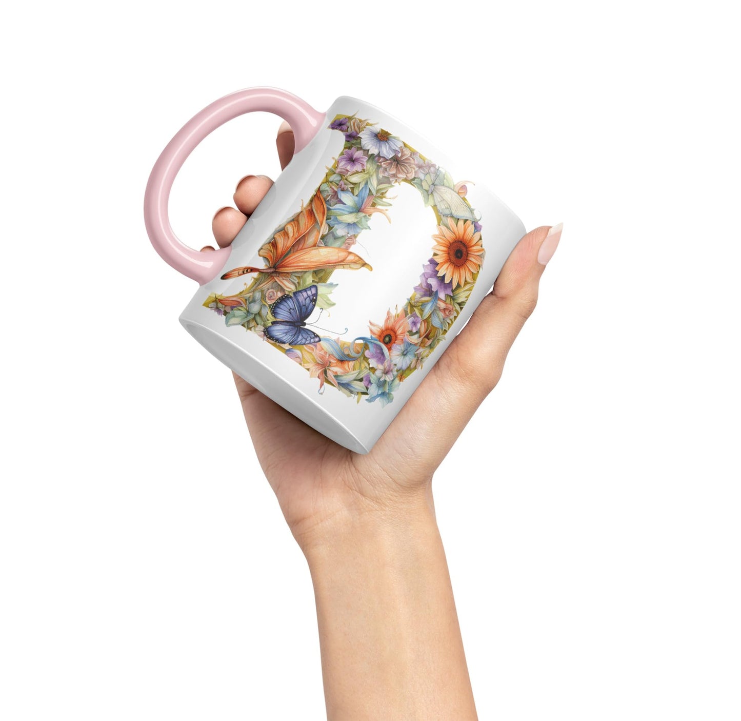 Letter D mug, Floral flowers butterfly Alphabet Letter D Monogram watercolour Ceramic Coloured Mug Cup for Tea Coffee Hot brew 330ml 11Oz Gift