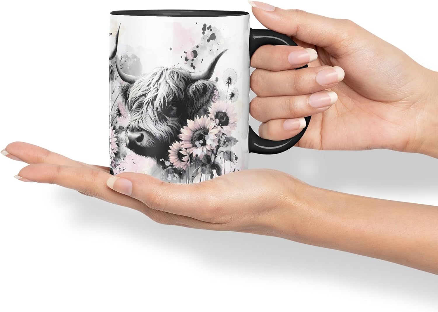 Vixar Highland Cows Flowers Mug – Coloured Ceramic Mug Cup Gift, 11oz (Black)
