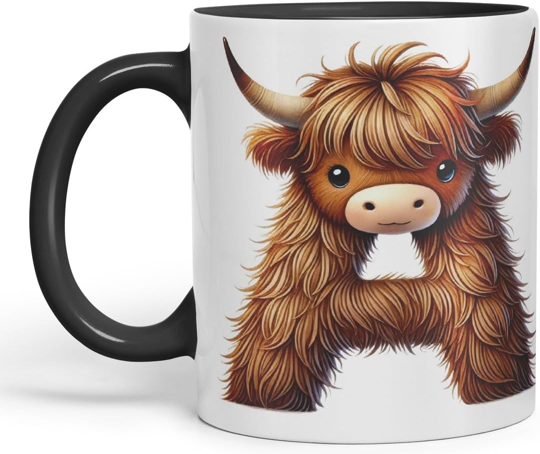 Highland Cow Alphabet Monogram Coloured Ceramic Cup Mug Letter A Rustic Farmhouse Animal Letter Gift V2 11oz (Black)
