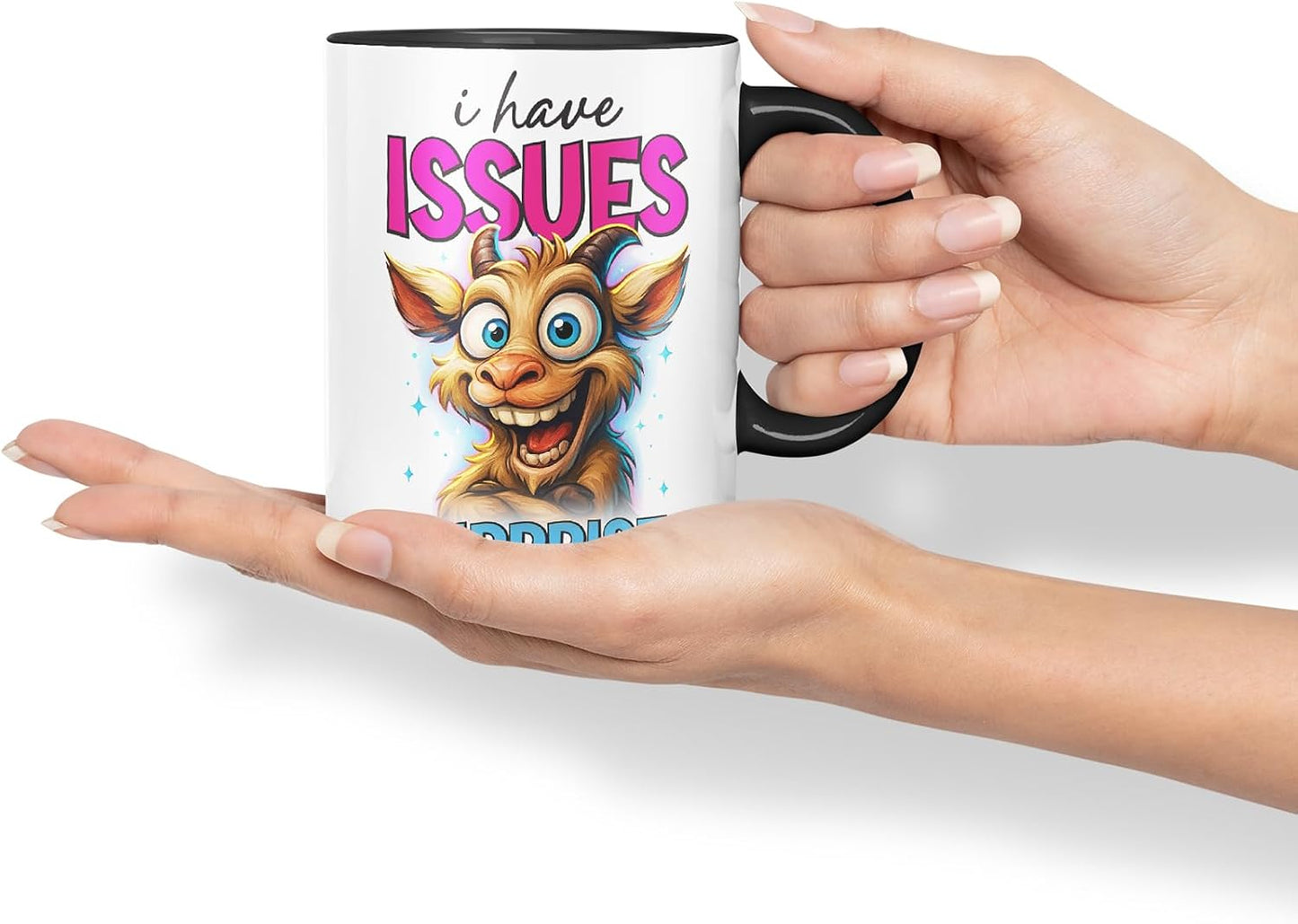 Vixar I Have Issues Surprise Funny Goat Mug – Coloured Ceramic Mug Cup Gift, 11oz (Black)