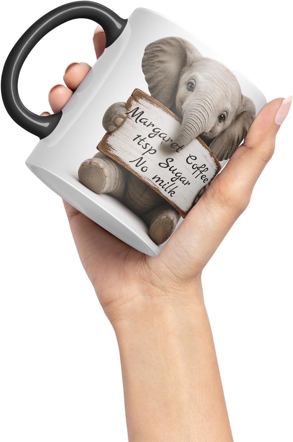 Vixar Personalised Elephant Mug with Name or Custom Message – Cute Animal Coloured Ceramic Mug Cup Gift, 11oz (Black)