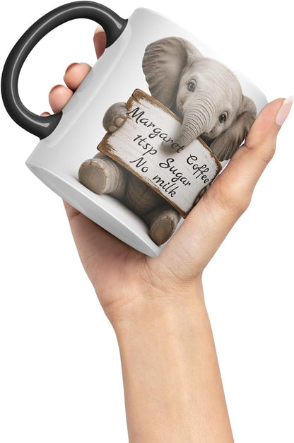 Vixar Personalised Elephant Mug with Name or Custom Message – Cute Animal Coloured Ceramic Mug Cup Gift, 11oz (Black)