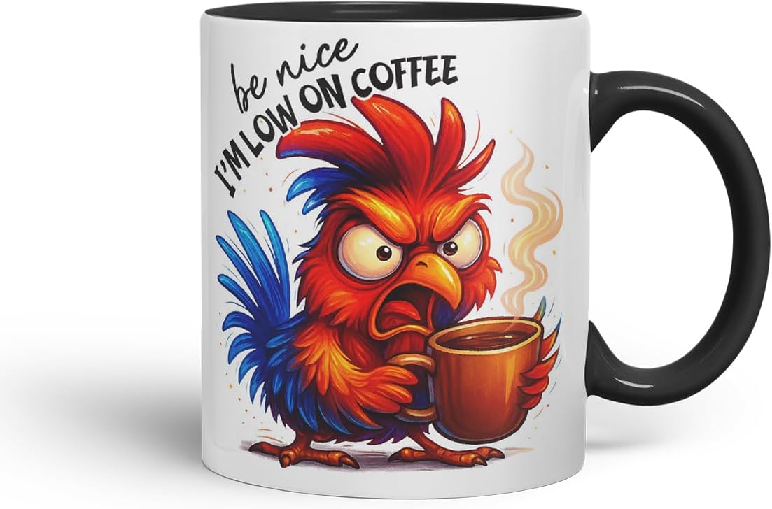 Vixar Be Nice I'm Low On Coffee Funny Chicken Mug – Coloured Ceramic Mug Cup Gift, 11oz (Black)