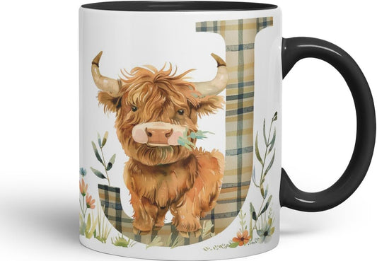 Vixar Highland Cow Alphabet Monogram Coloured Ceramic Cup Mug – Letter J – Rustic Farmhouse Animal Letter Gift – 11oz (Black)