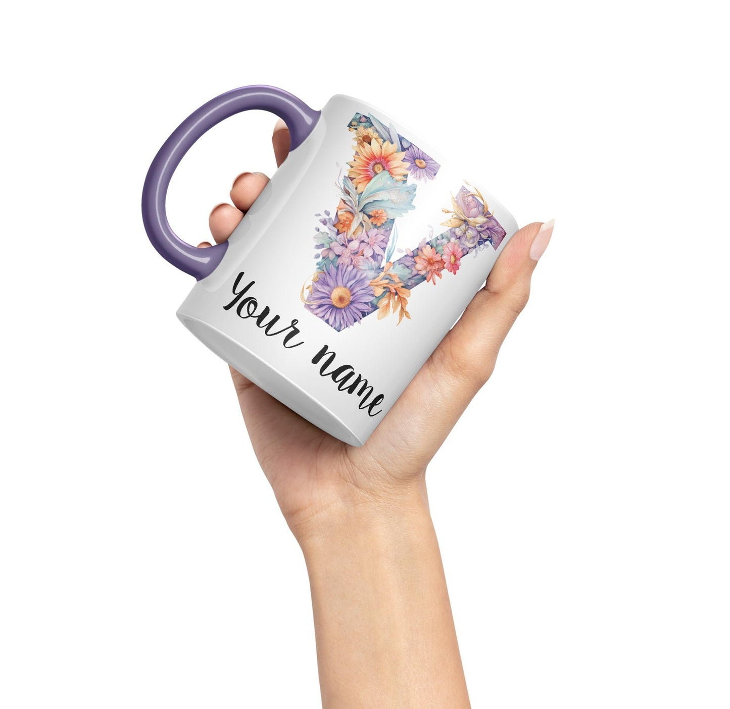 Personalised Letter V mug, Customized Custom Floral flowers butterfly Alphabet Letter V Monogram watercolour Ceramic Coloured Mug Cup for Tea Coffee Hot brew 330ml 11Oz Gift