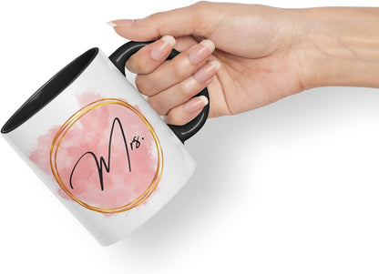Vixar Mrs Watercolour Wedding Couple Mug – Coloured Ceramic Mug Cup Gift, 11oz (Black)