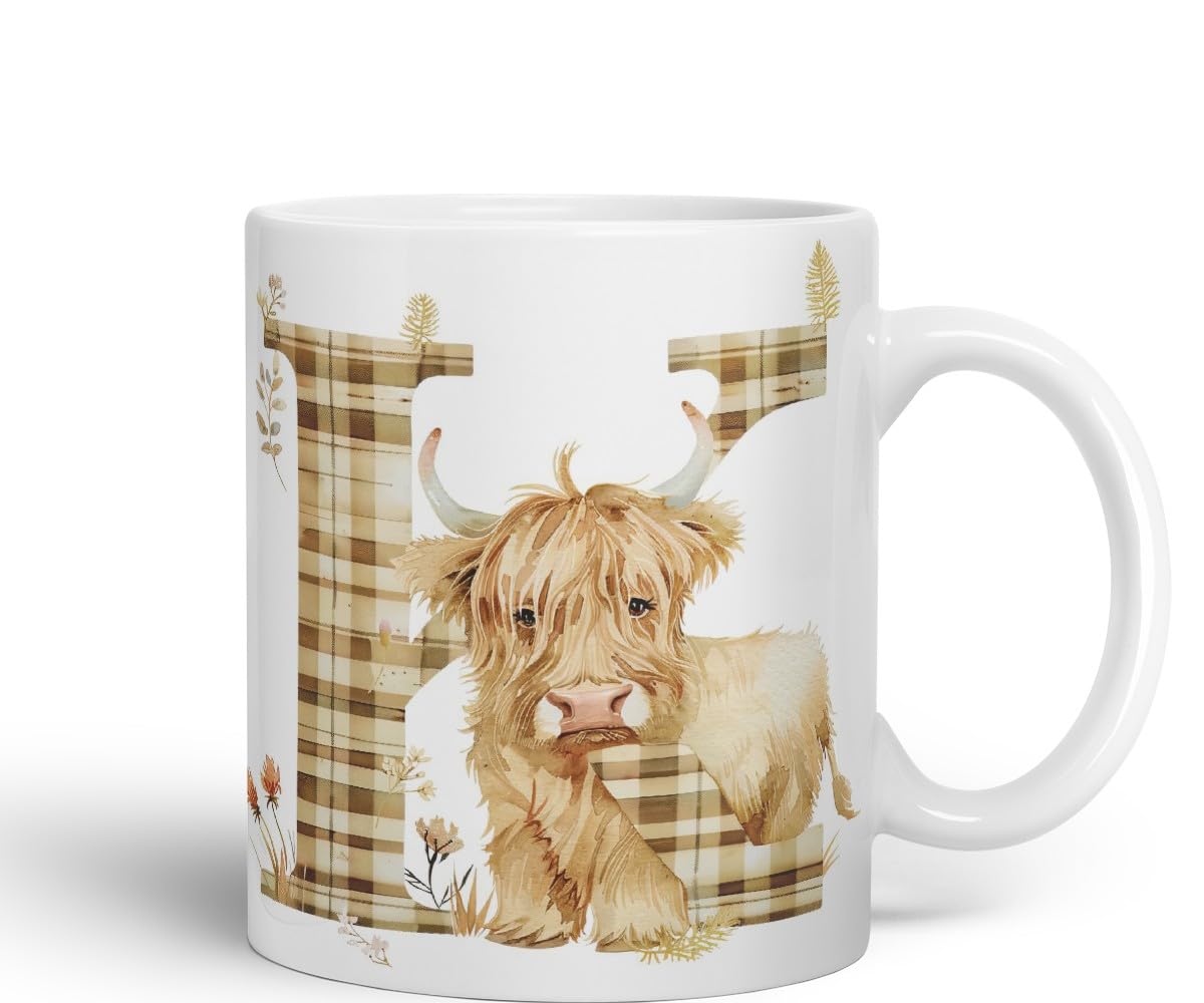 Vixar Highland Cow Alphabet Monogram Coloured Ceramic Cup Mug – Letter K – Rustic Farmhouse Animal Letter Gift – 11oz (Black)