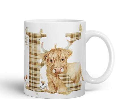 Vixar Highland Cow Alphabet Monogram Coloured Ceramic Cup Mug – Letter K – Rustic Farmhouse Animal Letter Gift – 11oz (Black)