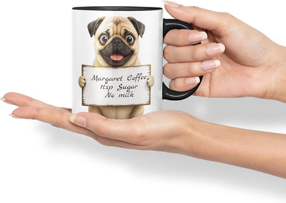 Vixar Personalised Pug Mug with Name or Custom Message – Cute Animal Coloured Ceramic Mug Cup Gift, 11oz (Black)