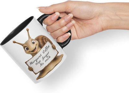 Vixar Personalised Snail Mug with Name or Custom Message – Cute Animal Coloured Ceramic Mug Cup Gift, 11oz (Black)