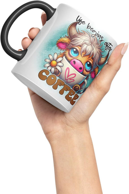 Vixar Life Begins After Coffee Highland Cow Coloured Ceramic Mug Cup Gift for Coffee Lovers 11oz (Black)