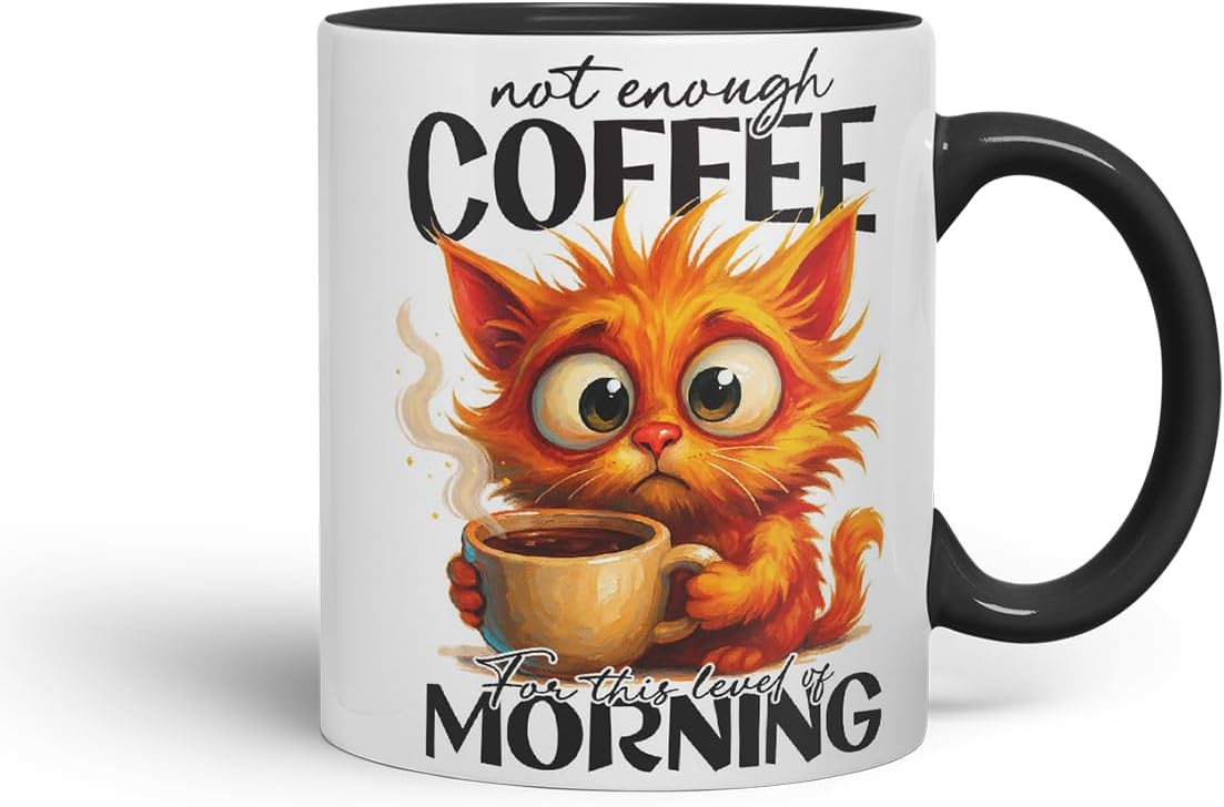 Vixar Not Enough Coffee for This Level of Morning Funny Cat Mug – Coloured Ceramic Mug Cup Gift, 11oz (Black)