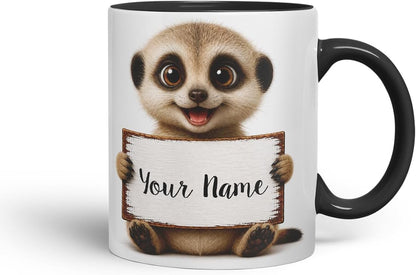 Vixar Personalised Meerkat Mug with Name or Custom Message – Cute Animal Coloured Ceramic Mug Cup Gift, 11oz (Black)