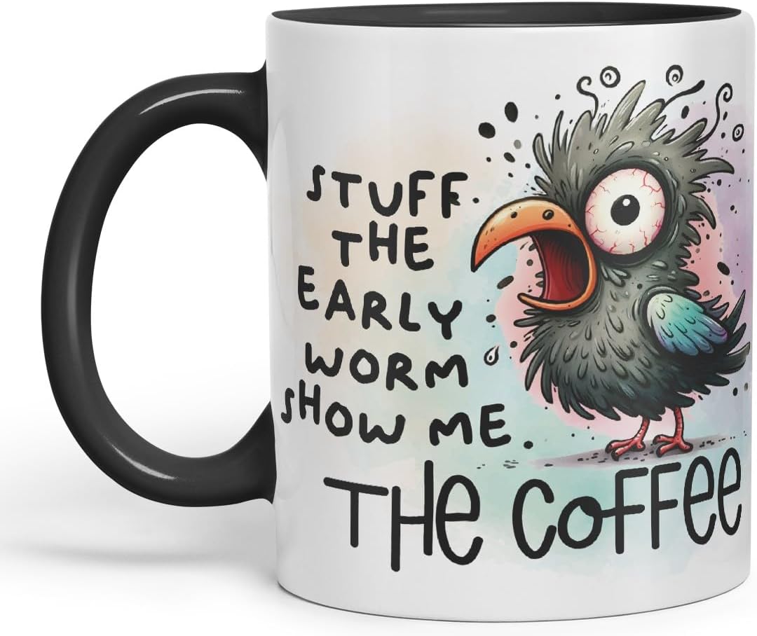 Vixar Stuff The Early Worm Show Me The Coffee Bird Coloured Ceramic Mug Cup Gift, 11oz (Black)