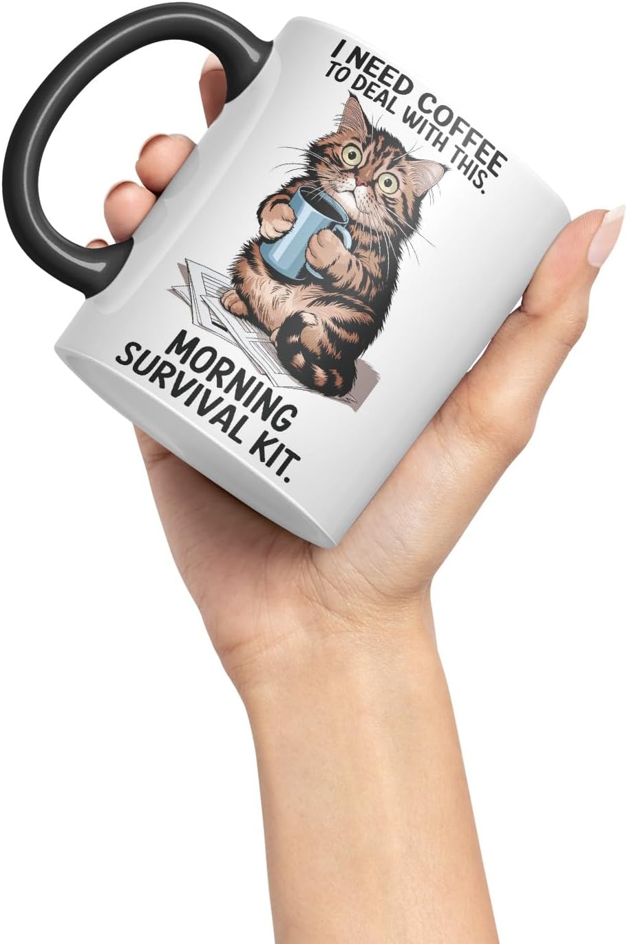 Vixar I Need Coffee to Deal with This Morning Survival Kit Cat Mug – Coloured Ceramic Mug Cup Gift, 11oz (Black)