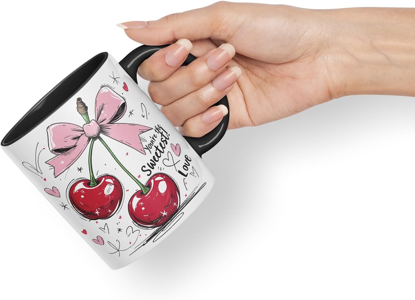 Sweetest Cherry Love Mug – Coloured Ceramic Mug Cup Gift, 11oz (Black)