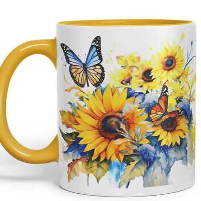 Vixar Ceramic Mug “Sunflower & Butterfly” – Coloured Coffee & Tea Mug Cup 11oz 330ml (Cambridge Blue)