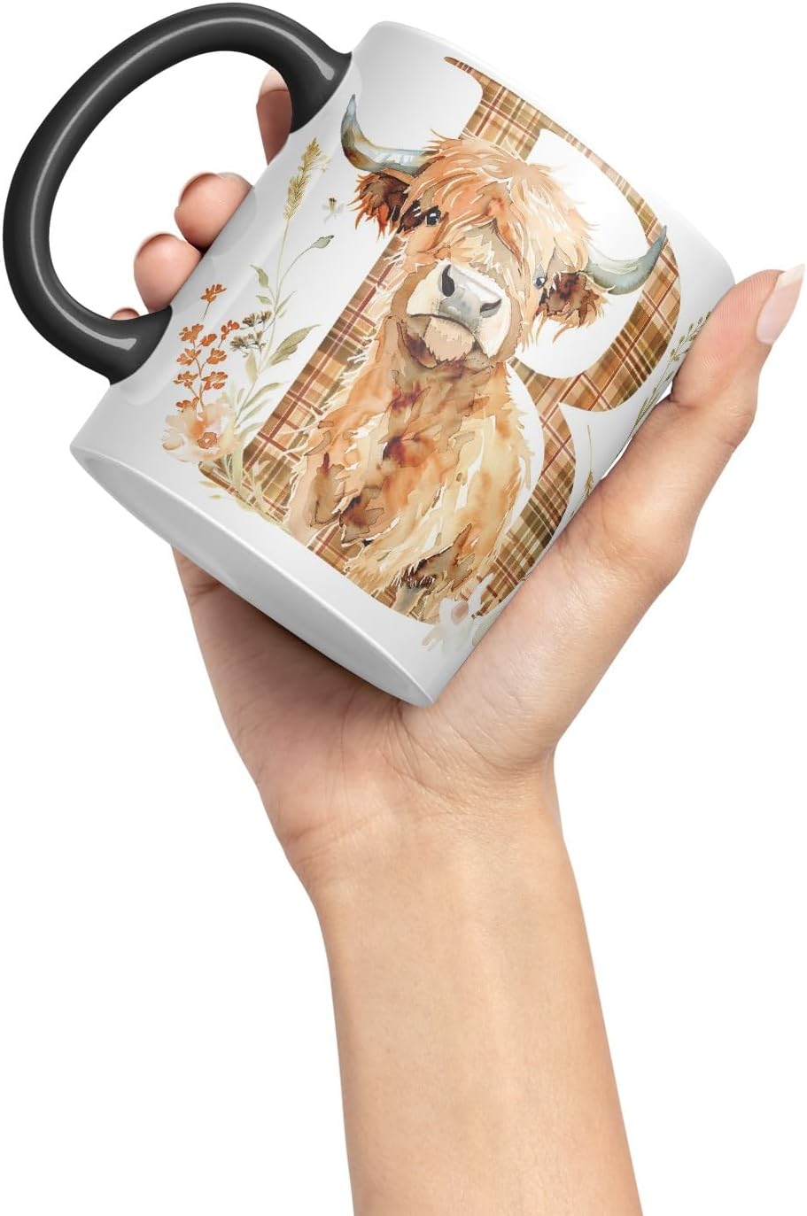 Vixar Highland Cow Alphabet Monogram Coloured Ceramic Cup Mug – Letter B – Rustic Farmhouse Animal Letter Gift – 11oz (Black)