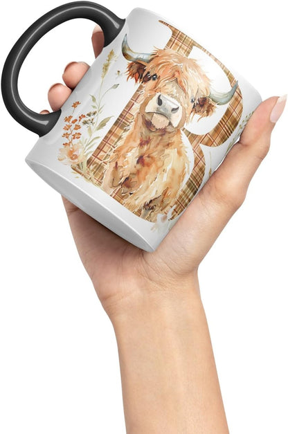 Vixar Highland Cow Alphabet Monogram Coloured Ceramic Cup Mug – Letter B – Rustic Farmhouse Animal Letter Gift – 11oz (Black)