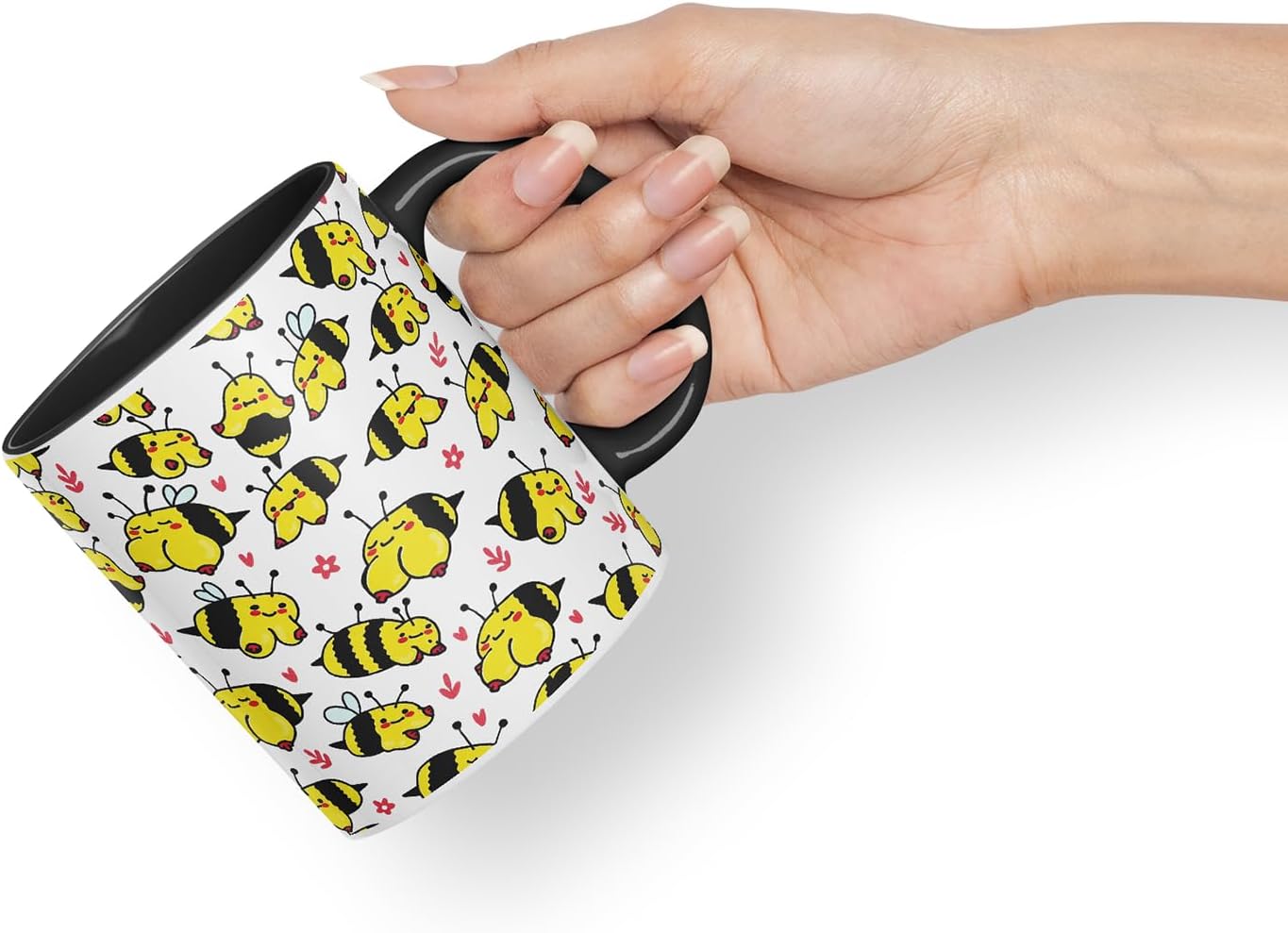 Vixar Cute Bee Breasts, Tits, Pattern Mug – Coloured Ceramic Mug Cup Gift, 11oz (Black)
