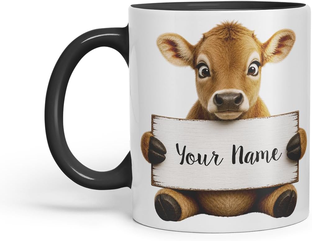 Vixar Personalised Jersey Cow Mug with Name or Custom Message – Cute Animal Coloured Ceramic Mug Cup Gift, 11oz (Black)