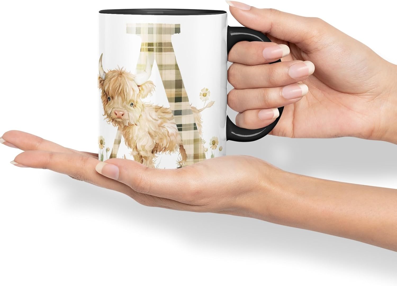 Vixar Highland Cow Alphabet Monogram Coloured Ceramic Cup Mug – Letter A – Rustic Farmhouse Animal Letter Gift – 11oz (Black)