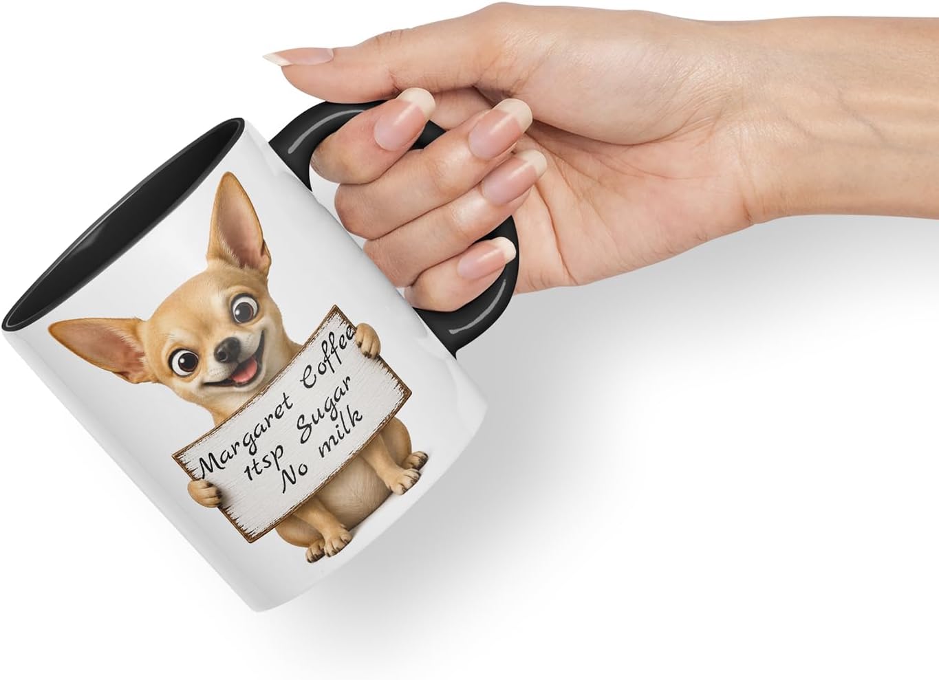 Vixar Personalised Short Hair Chihuahua Mug with Name or Custom Message – Cute Animal Coloured Ceramic Mug Cup Gift, 11oz (Black)