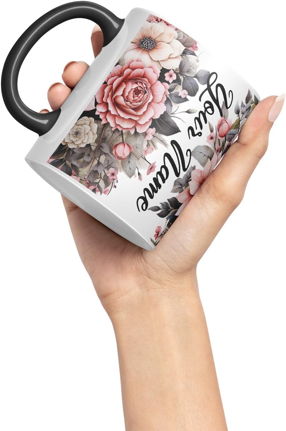 Vixar Personalised Rose Mug – Custom Your Name Coloured Ceramic Mug Cup Gift, 11oz (Black)