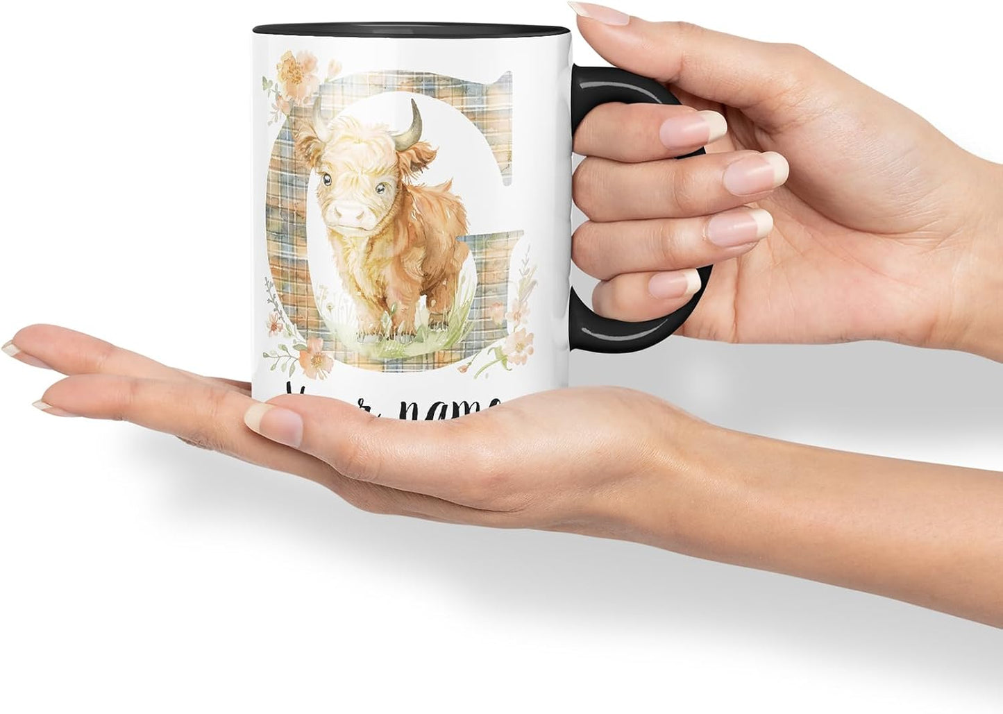 Vixar Personalised Highland Cow Initial Letter G Custom Name Mug – Coloured Ceramic Mug Cup Gift, 11oz (Black)