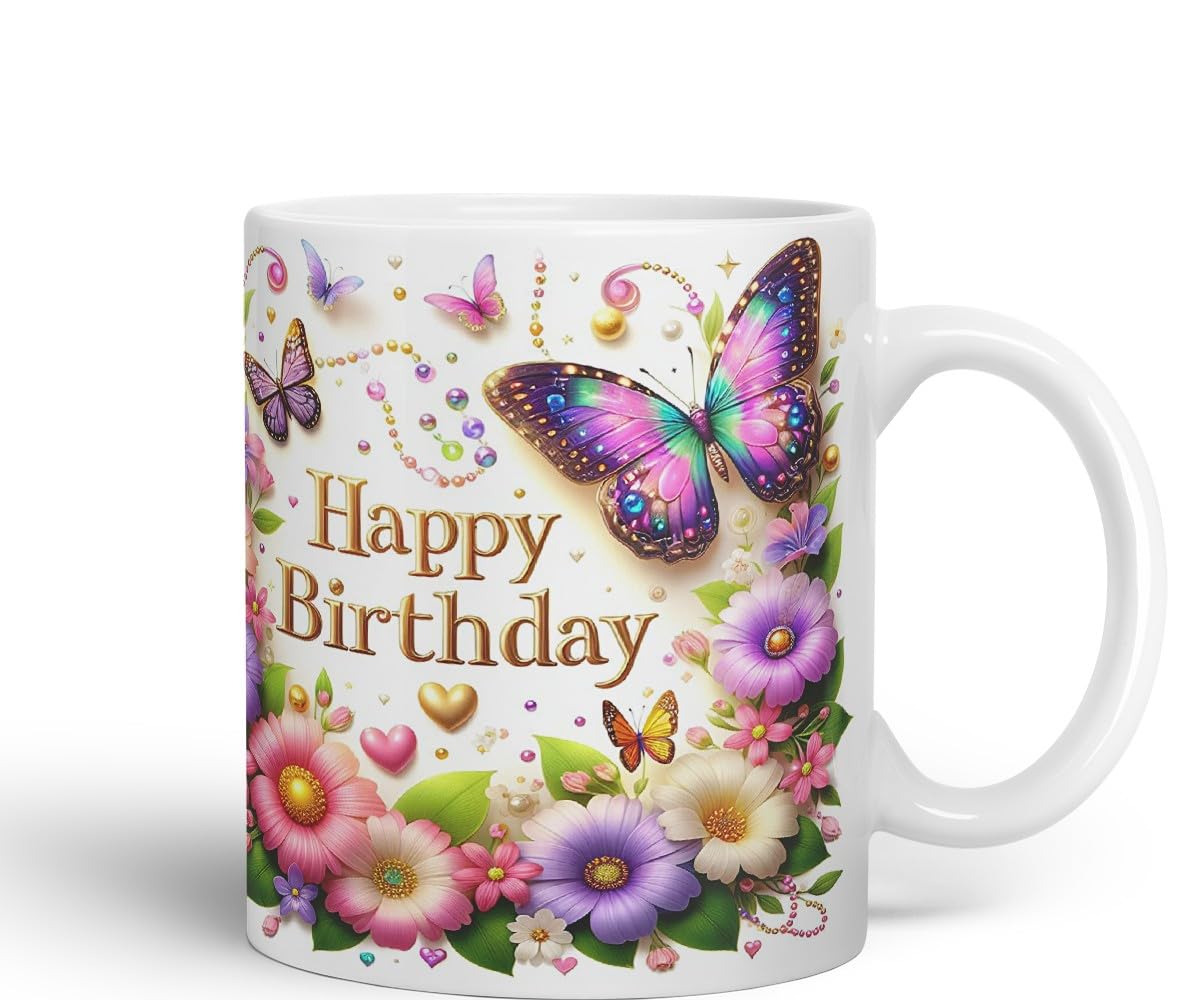 Vixar Happy Birthday Colourful Butterflies and Hearts Coloured Ceramic Mug Cup Gift 11oz V5 (Black)