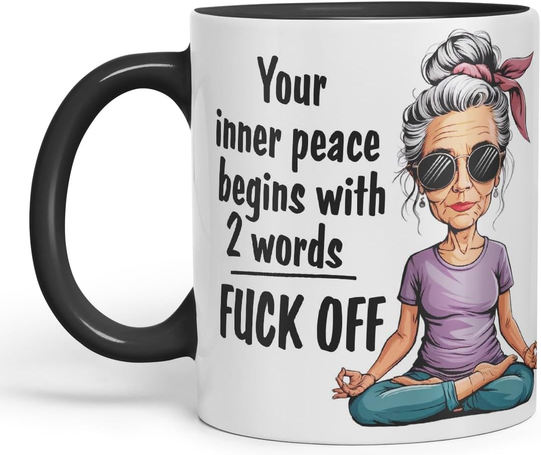 Vixar Your Inner Peace Begins with 2 Words – F*ck Off – Coloured Ceramic Mug Cup Gift, 11oz (Black)