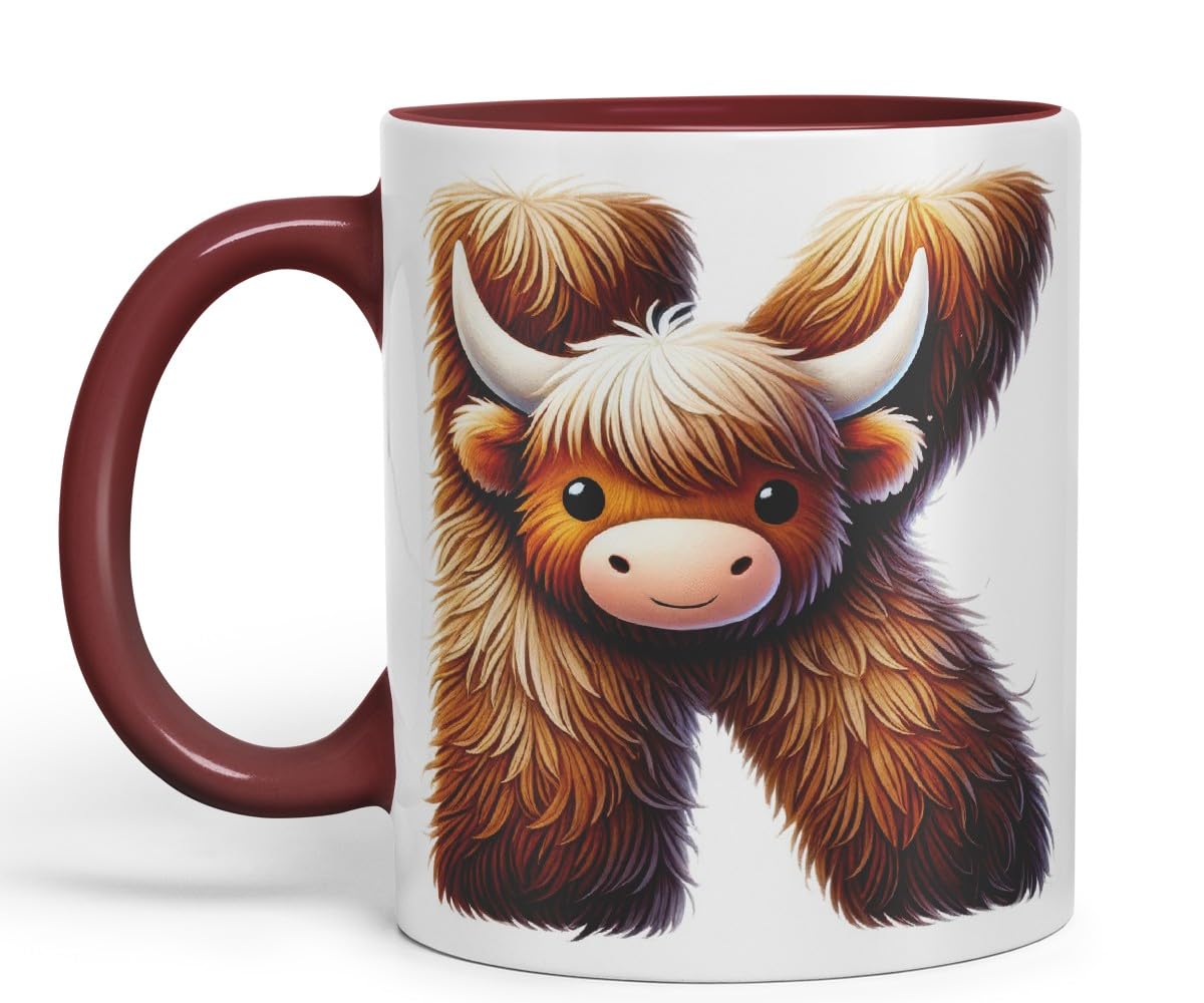 Highland Cow Alphabet Monogram Coloured Ceramic Cup Mug Letter K Rustic Farmhouse Animal Letter Gift V2 11oz (Black)