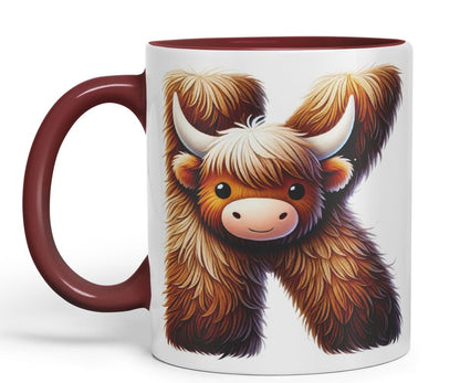 Highland Cow Alphabet Monogram Coloured Ceramic Cup Mug Letter K Rustic Farmhouse Animal Letter Gift V2 11oz (Black)