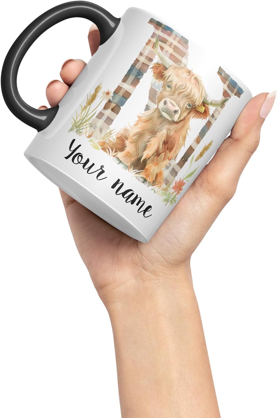 Vixar Personalised Highland Cow Initial Letter N Custom Name Mug – Coloured Ceramic Mug Cup Gift, 11oz (Black)
