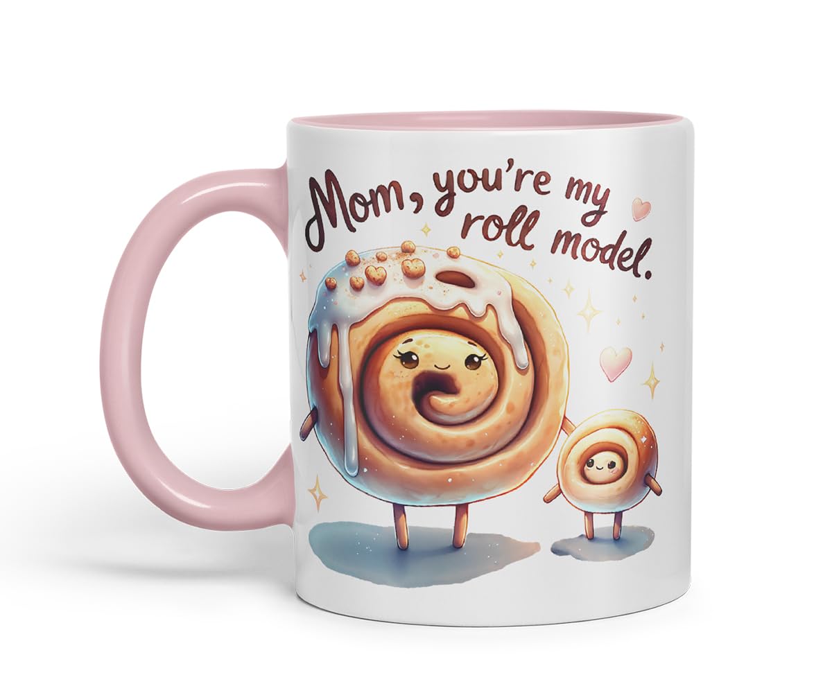Vixar Mom You're My Roll Model Funny Cinnamon Roll Mother Mum Mug – Coloured Ceramic Mug Cup Gift, 11oz (Black)