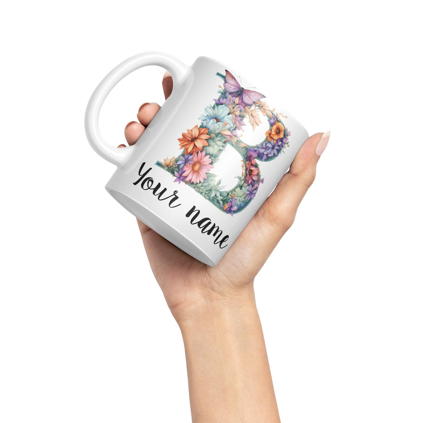 Personalised Letter B mug, Customized Custom Floral flowers butterfly Alphabet Letter B Monogram watercolour Ceramic Coloured Mug Cup for Tea Coffee Hot brew 330ml 11Oz Gift