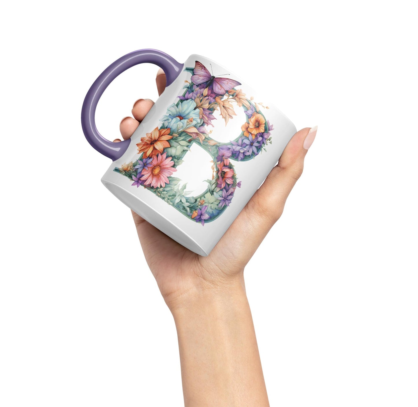 Letter B mug, Floral flowers butterfly Alphabet Letter B Monogram watercolour Ceramic Coloured Mug Cup for Tea Coffee Hot brew 330ml 11Oz Gift