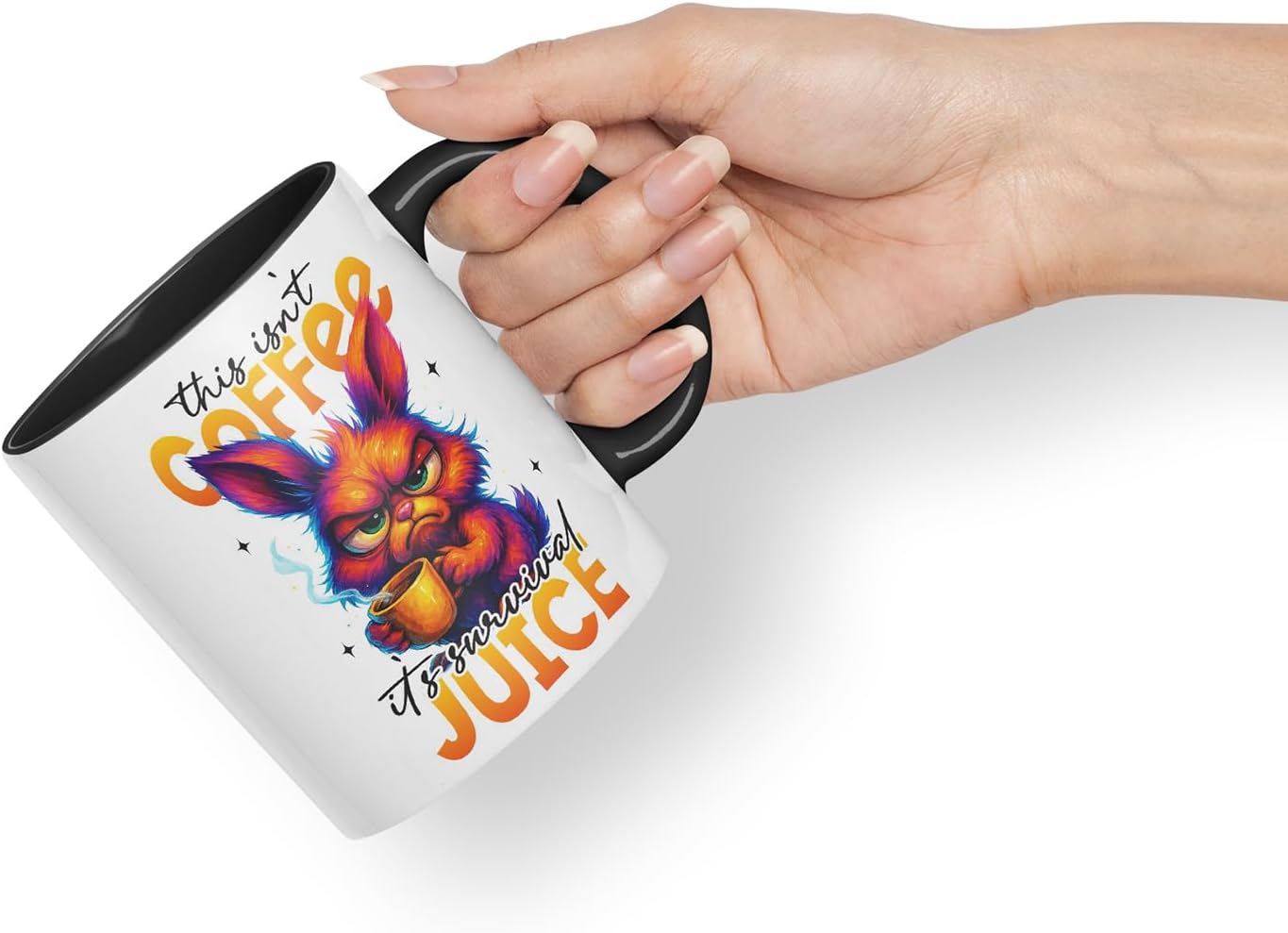 Vixar This Isn't Coffee It's Survival Juice Funny Bunny Coffee Mug – Coloured Ceramic Mug Cup Gift, 11oz (Black)