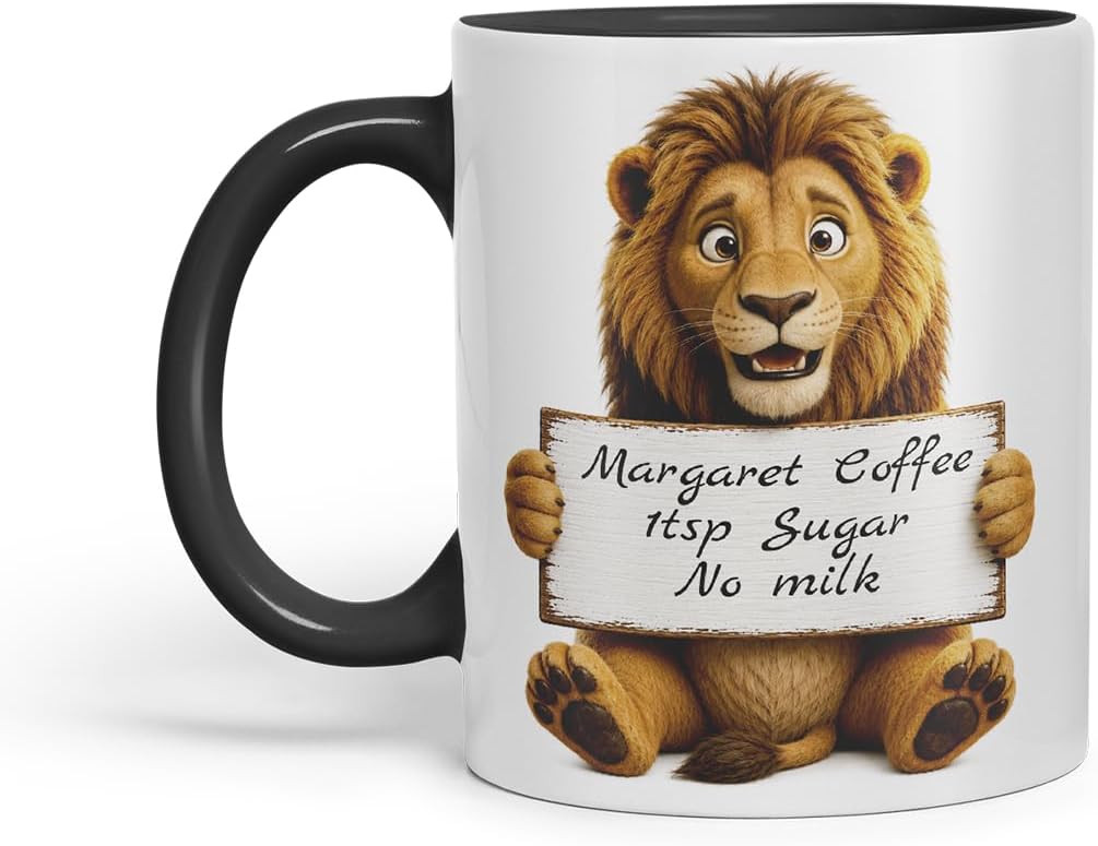 Vixar Personalised Lion Mug with Name or Custom Message – Cute Animal Coloured Ceramic Mug Cup Gift, 11oz (Black)