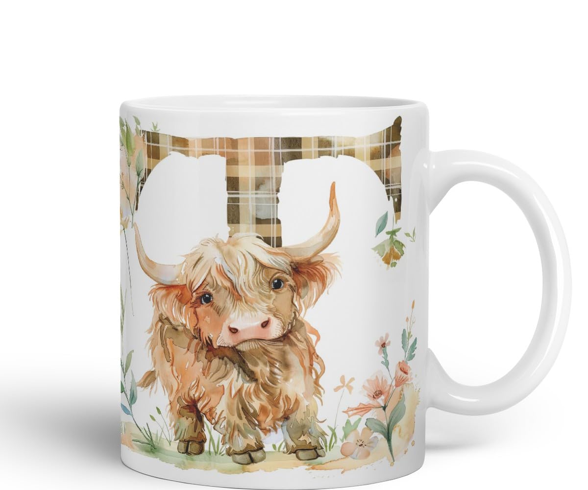 Vixar Highland Cow Alphabet Monogram Coloured Ceramic Cup Mug – Letter T – Rustic Farmhouse Animal Letter Gift – 11oz (Black)