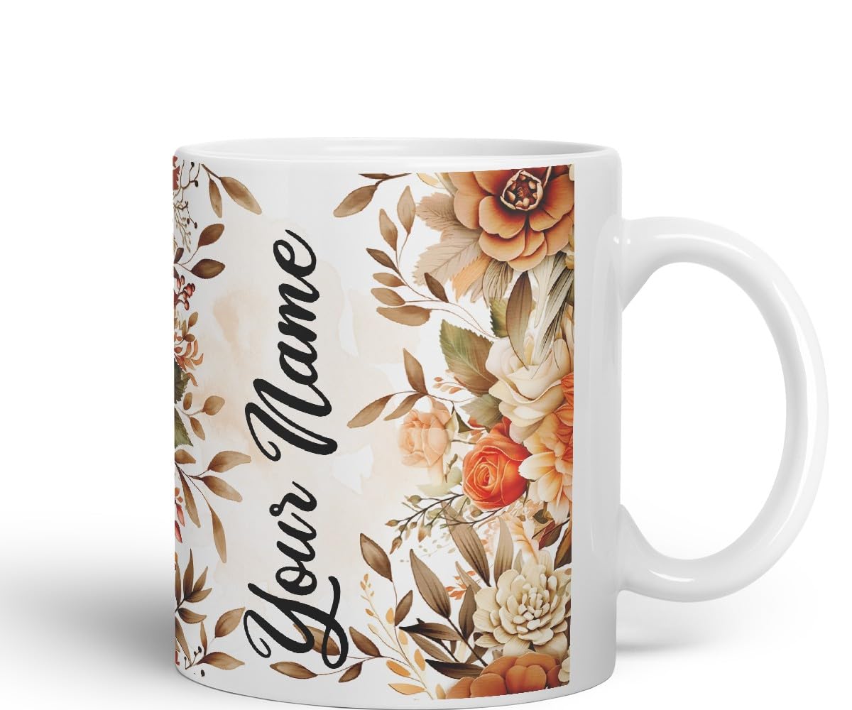 Vixar Personalised Autumn Flower Mug – Custom Your Name Coloured Ceramic Mug Cup Gift, 11oz (Black)
