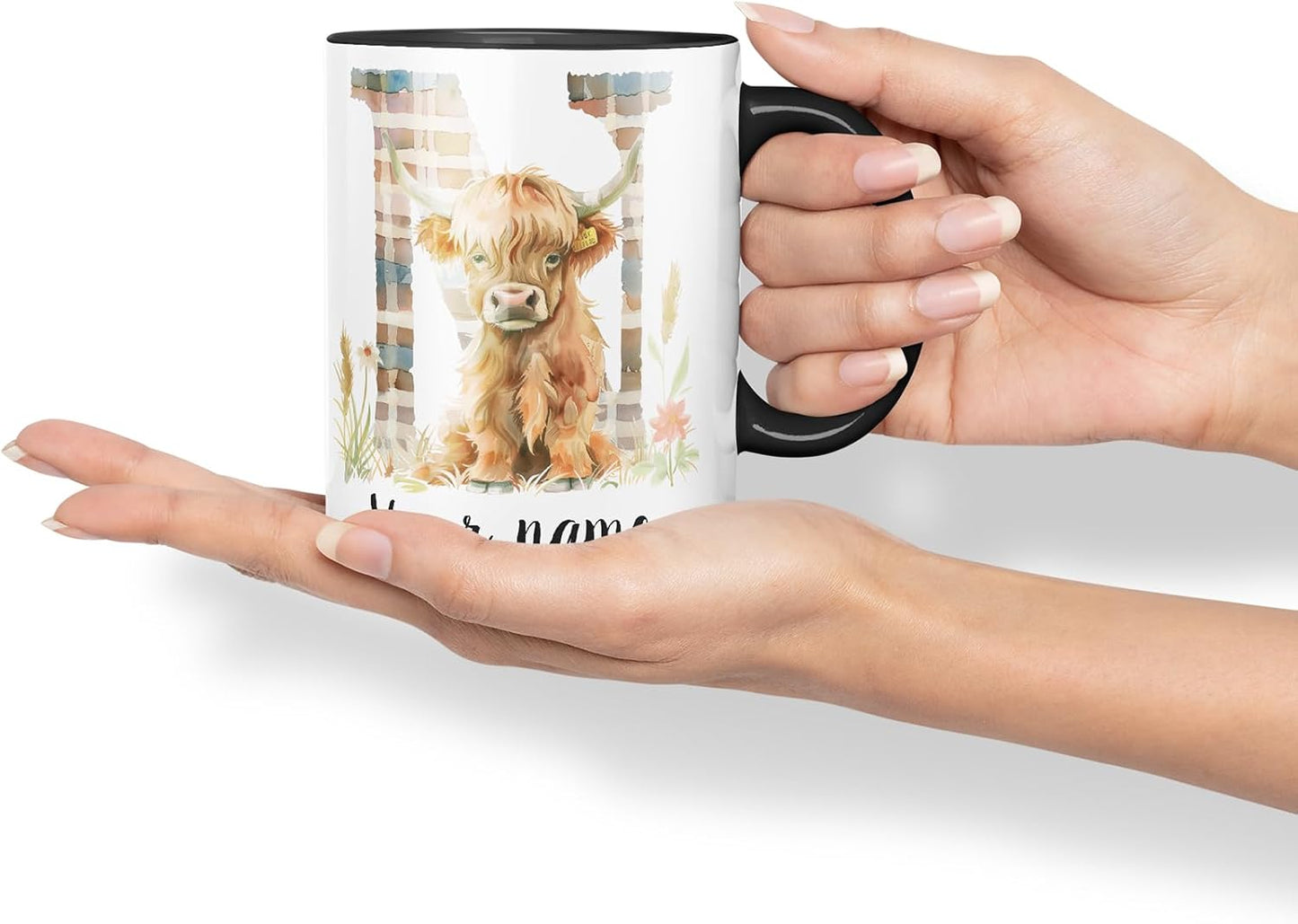 Vixar Personalised Highland Cow Initial Letter N Custom Name Mug – Coloured Ceramic Mug Cup Gift, 11oz (Black)