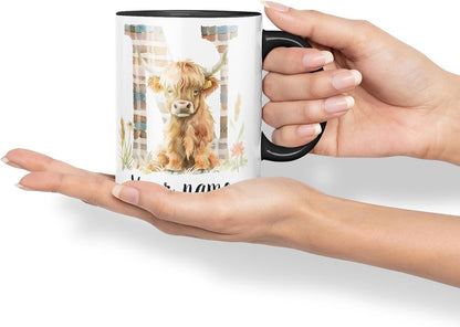 Vixar Personalised Highland Cow Initial Letter N Custom Name Mug – Coloured Ceramic Mug Cup Gift, 11oz (Black)