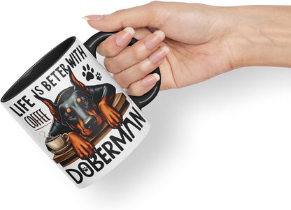 Vixar Life is Better with Coffee Doberman Dog Mug – Coloured Ceramic Mug Cup Gift, 11oz (Black)