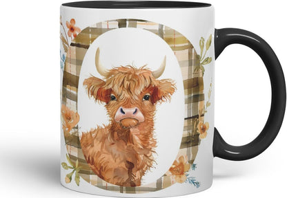 Vixar Highland Cow Alphabet Monogram Coloured Ceramic Cup Mug – Letter O – Rustic Farmhouse Animal Letter Gift – 11oz (Black)