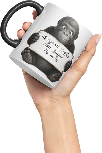 Vixar Personalised Gorilla Mug with Name or Custom Message – Cute Animal Coloured Ceramic Mug Cup Gift, 11oz (Black)