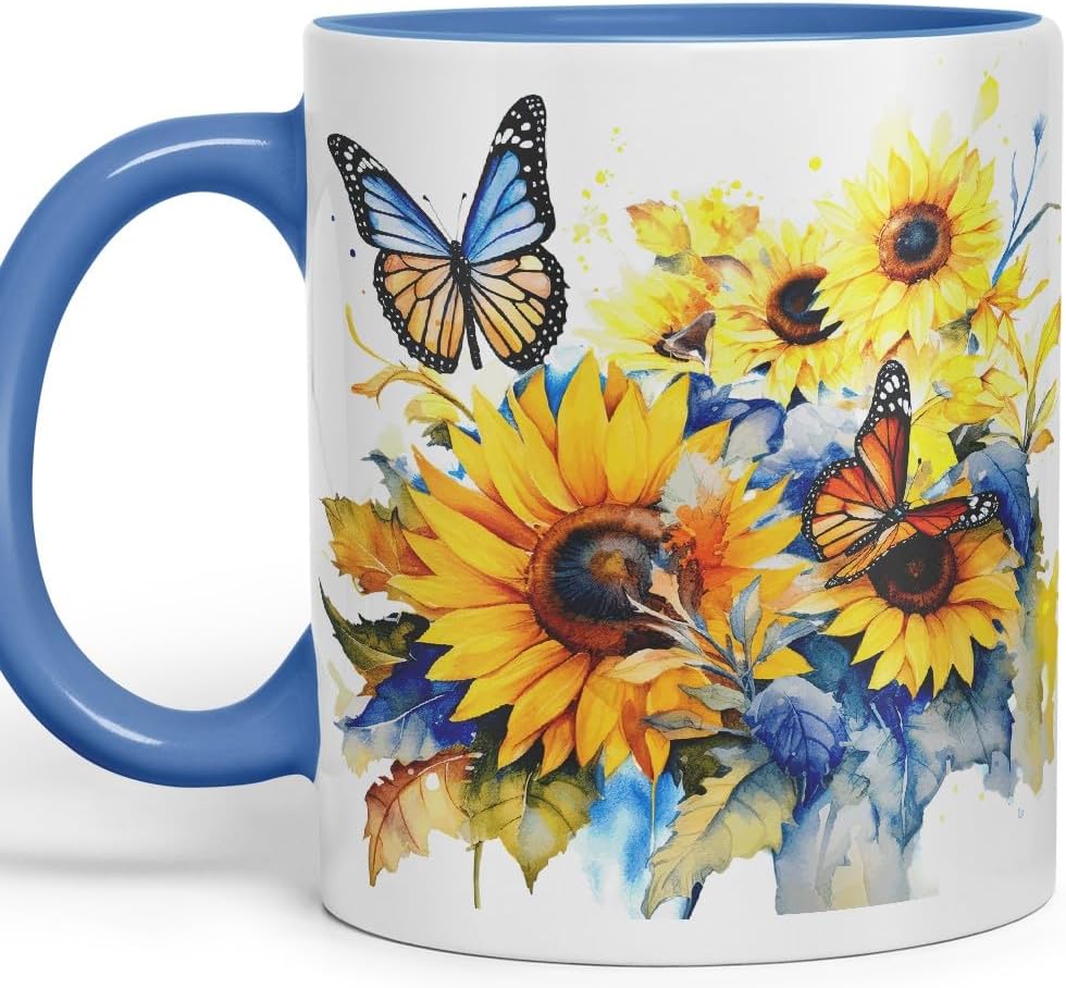 Vixar Ceramic Mug “Sunflower & Butterfly” – Coloured Coffee & Tea Mug Cup 11oz 330ml (Cambridge Blue)