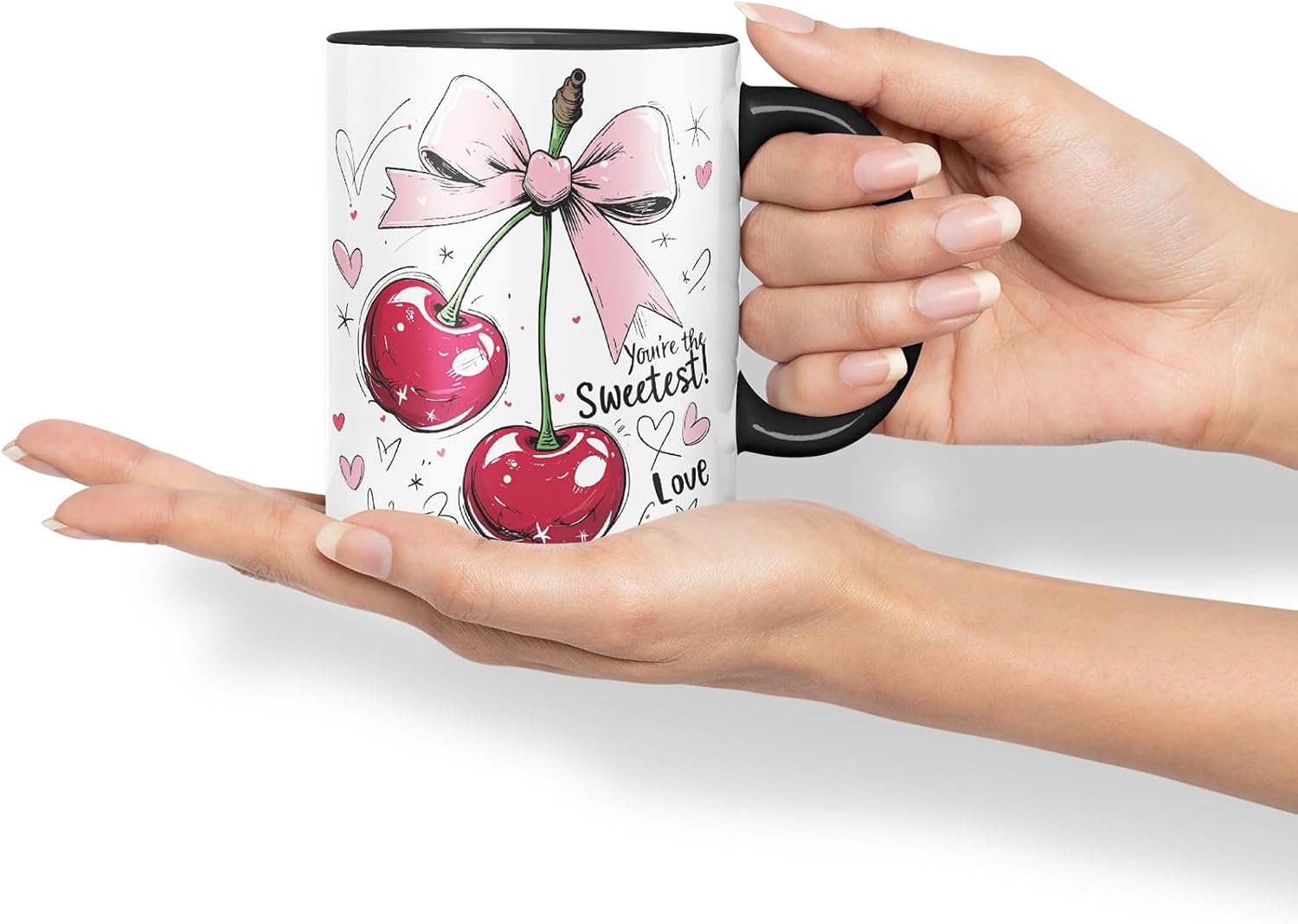Sweetest Cherry Love Mug – Coloured Ceramic Mug Cup Gift, 11oz (Black)