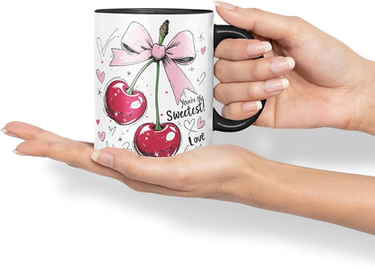 Sweetest Cherry Love Mug – Coloured Ceramic Mug Cup Gift, 11oz (Black)